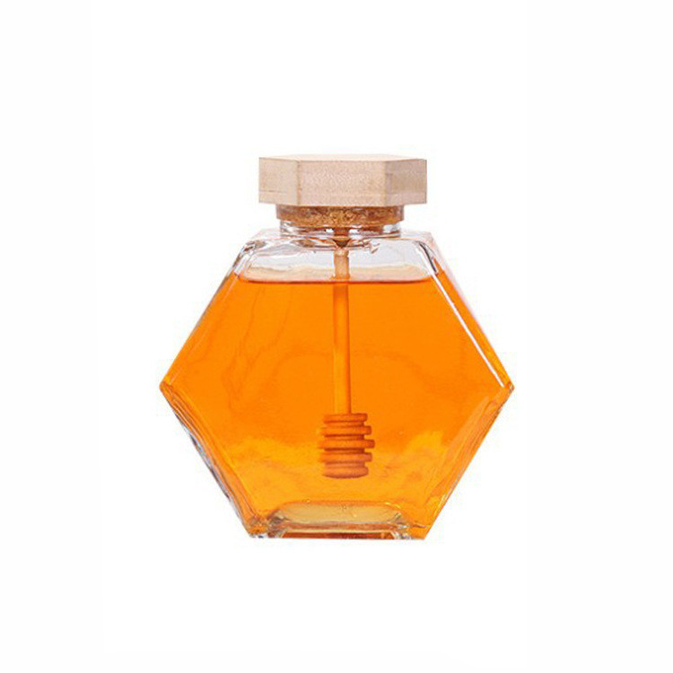Wooden Lid 12 Oz 13.4oz Hexagon Glass Honey Jar Transparent